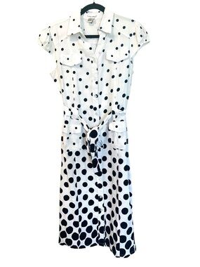 Lino USA Linen Blend Button Front Polka Dot Belted Shirt Dress White/Navy SZ L
